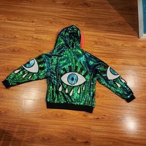 Green Sequin Eye-Graphic Hooded Jacket
